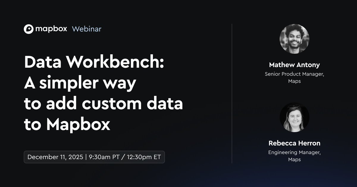 Mapbox's tweet image. Managing your custom data on Mapbox just got a whole lot easier.

Join us for a live demo of the new Data Workbench, a tool that lets you drag and drop your data, preview it instantly, and edit it directly in your table or on the map — no extra tools needed.

📅 Thursday, Dec 11…