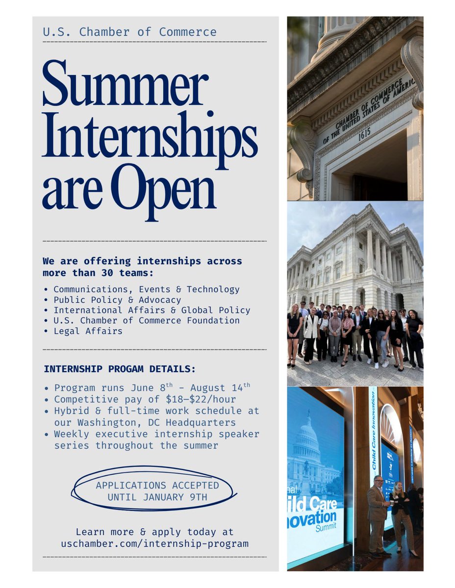 opportunitiesfy's tweet photo. 🚀 Summer 2026 Internship at U.S. Chamber of Commerce!
💡 Gain hands-on experience &amp; network with leaders
🗓️ Apply by Jan 9 ➡️ [https://t.co/aWQKVNDDFH]
#USChamber #Internship #CareerOpportunity #DCJobs https://t.co/XPi8nYpLzn