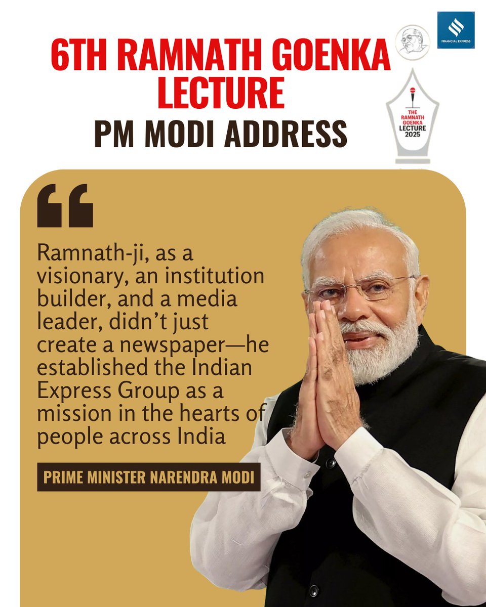 FinancialXpress's tweet image. Prime Minister @narendramodi  delivered the sixth #RamnathGoenkaLecture today— sharing his thoughts on courage, independence, and the enduring democratic spirit of India. The lecture, named after the founder of the Express Group, invites speakers who have shaped change and…