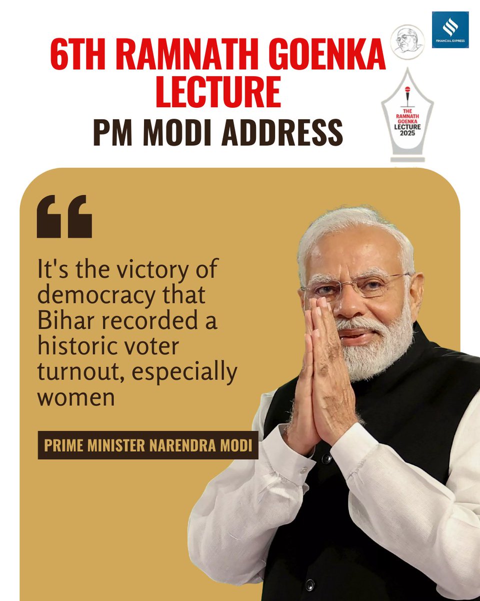 FinancialXpress's tweet image. Prime Minister @narendramodi  delivered the sixth #RamnathGoenkaLecture today— sharing his thoughts on courage, independence, and the enduring democratic spirit of India. The lecture, named after the founder of the Express Group, invites speakers who have shaped change and…