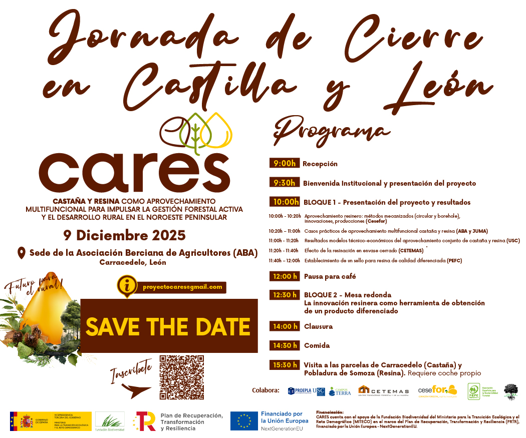 ProyectoCARES's tweet photo. 𝗥𝗘𝗦𝗘𝗥𝗩𝗔 𝗟𝗔𝗦 𝗙𝗘𝗖𝗛𝗔𝗦 | 𝗝𝗼𝗿𝗻𝗮𝗱𝗮 𝗱𝗲 𝗖𝗶𝗲𝗿𝗿𝗲 del Proyecto CARES 𝗲𝗻 𝗟𝗲𝗼́𝗻 (9 diciembre) y 𝗲𝗻 𝗟𝘂𝗴𝗼 (15 diciembre).

🖊️Inscríbete en https://t.co/yEOqWbnTh9 y podrás conocer nuestros resultados.

📍 09 diciembre (9:00-17:30h): sede de la Asociación Berciana de Agricultores en Carracedelo. Ver ubicación en https://t.co/iLcSMaK6PD

📍 15 diciembre(9:00-14:00): Escuela Politécnica de Ingeniería de la USC en Lugo. Ver ubicación en https://t.co/JvdwLY7Fw7

En concreto, podrás conocer nuestros avances en la mecanización de los procesos de extracción de los diferentes aprovechamientos (resina, castaña y biomasa), los resultados relacionados con la calidad de los productos, y los modelos técnicos-económicos desarrollados para impulsar una gestión forestal activa y multifuncional que contribuye a la generación de empleo de calidad en medio rural ¡Te esperamos!
……………………………………………………………………………………

🌲🌲🌲
@CETEMAS , @FCesefor , @PEFCSpain , Juntas de Montes de Asturias #JUMA y Universidade de Santiago de Compostela (grupo de investigación #PROePLA) impulsan Proyecto CARES con el apoyo de @FBiodiversidad 

#ProyectosPRTR
#PlanDeRecuperación
#NextGenerationEU

Consulta todos los detalles en https://t.co/8c6diimra1