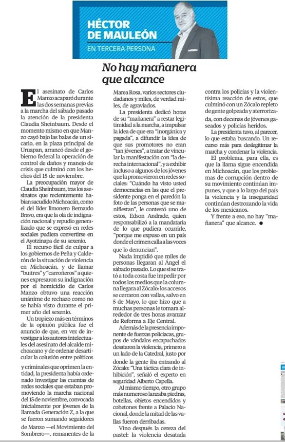 ¡Qué buen texto de <a href="/hdemauleon/">Héctor de Mauleón</a> sobre la marcha y la crisis en la entró el gobierno tras los asesinatos de Bernardo Bravo y Carlos Manzo!

Léanlo👇

No hay mañanera que alcance
