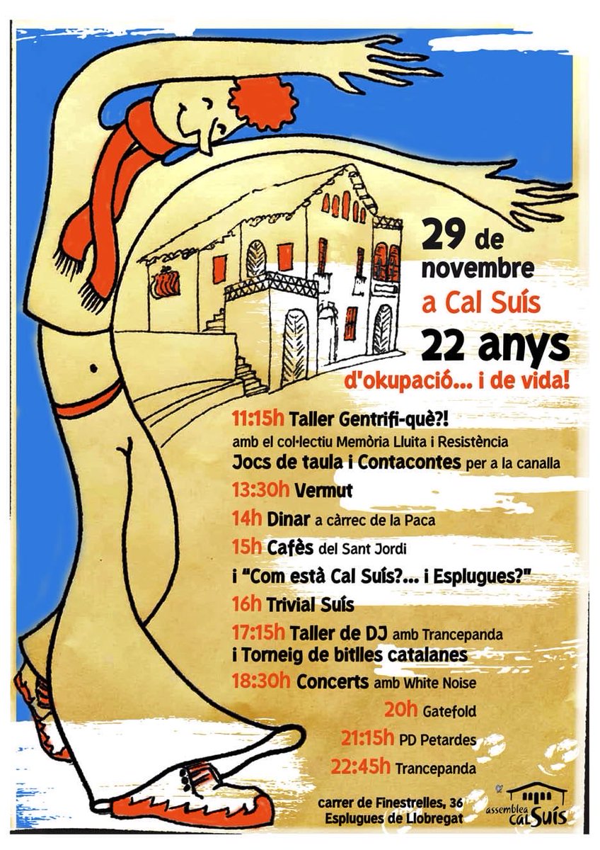 22è ANIVERSARI DE CAL SUÍS ❤️‍🔥

Ja tenim aquí la programació de la festa d'enguany!!

Activitats, col·lectius i convidats per celebrar Cal Suís, la seva història, la seva gent i tot el que vindrà...

Ens veiem el proper dissabte 29 de novembre a partir de les 11h a Cal Suís🖤🌱