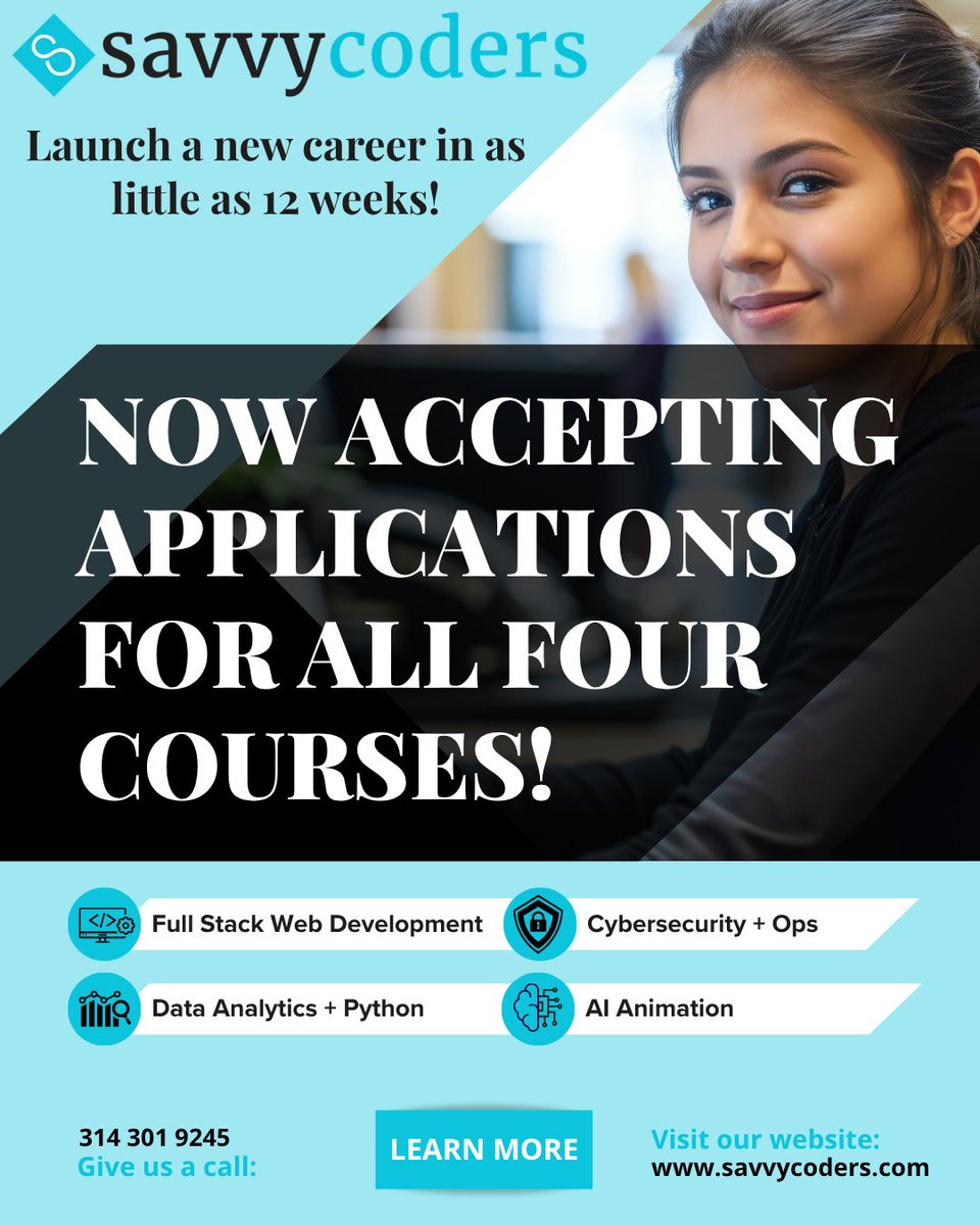 SavvyCoders's tweet image. 🚨This is not a drill! Savvy Coders is now accepting for all four of our career-changing courses!🚨
And here&apos;s the best part: through our partnership with WIOA, unemployed and underemployed Missouri &amp;amp; Illinois residents can receive fully funded training.
savvycoders.com