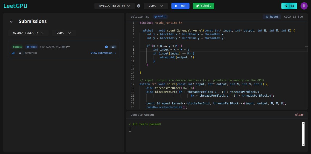 cuda_programmer's tweet image. Day 8 of GPU Programming
-Count 2D Array Element
-todays potd easy peasy again. 

#100DaysOfGPU #CUDA #GPUProgramming #ParallelComputing #AI #DeepLearning #100DaysOfCode #MachineLearning #NVIDIA #CodingJourney