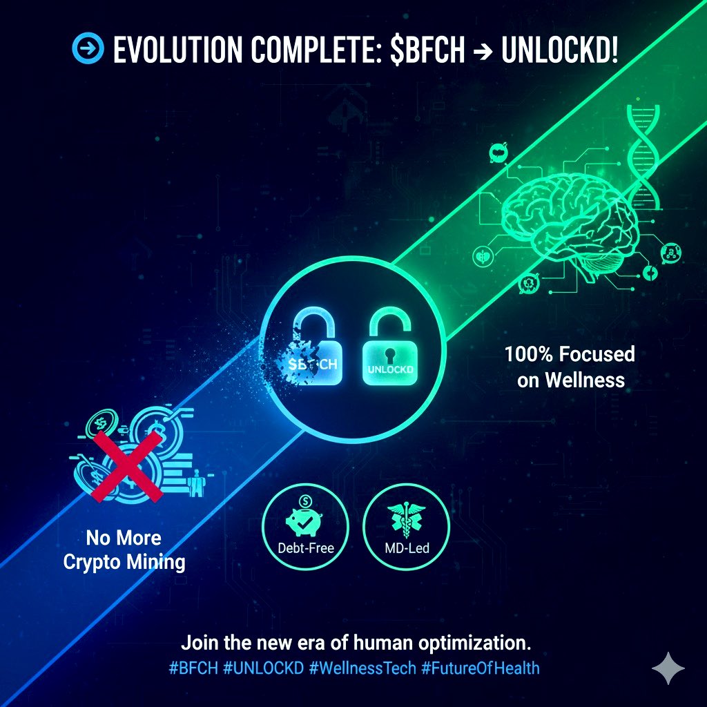 Hiroshi_nas's tweet image. Out with the old, in with the future! $BFCH ($UNLOCKD) has shed legacy operations to become a leader in Longevity &amp;amp; Cognitive Health.
• No more crypto mining.
• 100% focused on wellness acquisitions.
Join the new era of human optimization. @SuperRobotGX #UNLOCKD #WellnessTech