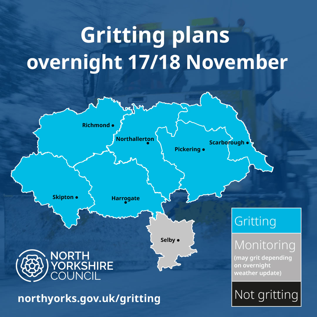 northyorksc's tweet image. We are planning to grit priority roads in most areas of North Yorkshire overnight.

We will monitor road temperatures in the Selby area and grit these roads if necessary.

See more about gritting and track our gritters here: northyorks.gov.uk/gritting