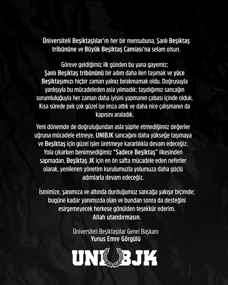 Genel Başkanımız Yunus Emre Görgülü’nün yeni döneme ilişkin açıklaması;

#UNIBJK