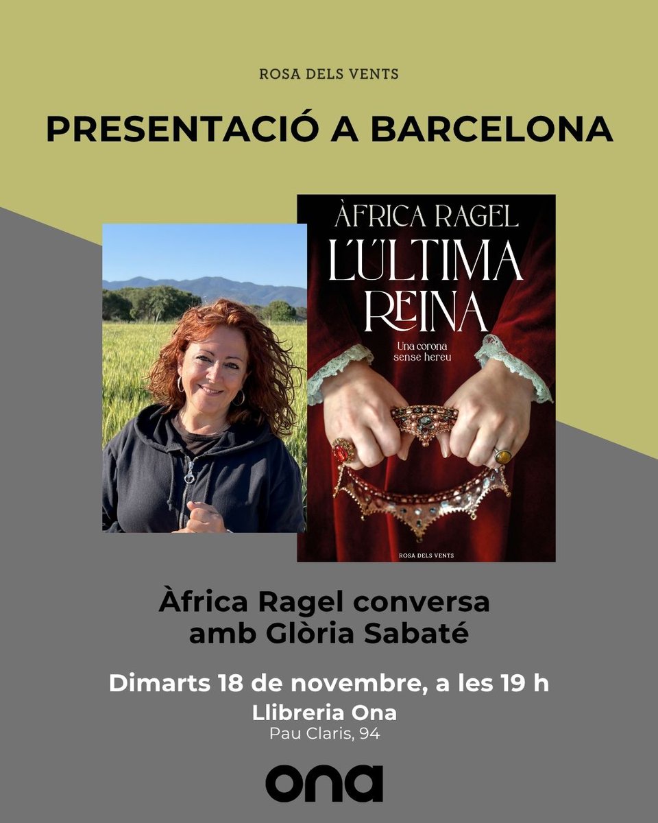 DEMÀ DIMARTS 

📖 L'ÚLTIMA REINA
👥 Àfrica Ragel amb Glòria Sabaté
📍 Llibreria Ona de #Barcelona
⏰ 19 h