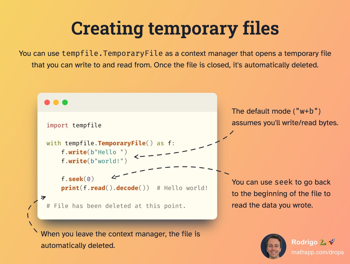 mathsppblog's tweet image. Need a temp file in Python?

Maybe you need to test a function that requires a file-like object.

Or maybe you need a buffer because you&apos;re processing an amount of data so large that it doesn&apos;t fit into memory...

In these situations, `tempfile.TemporaryFile` can help you out.