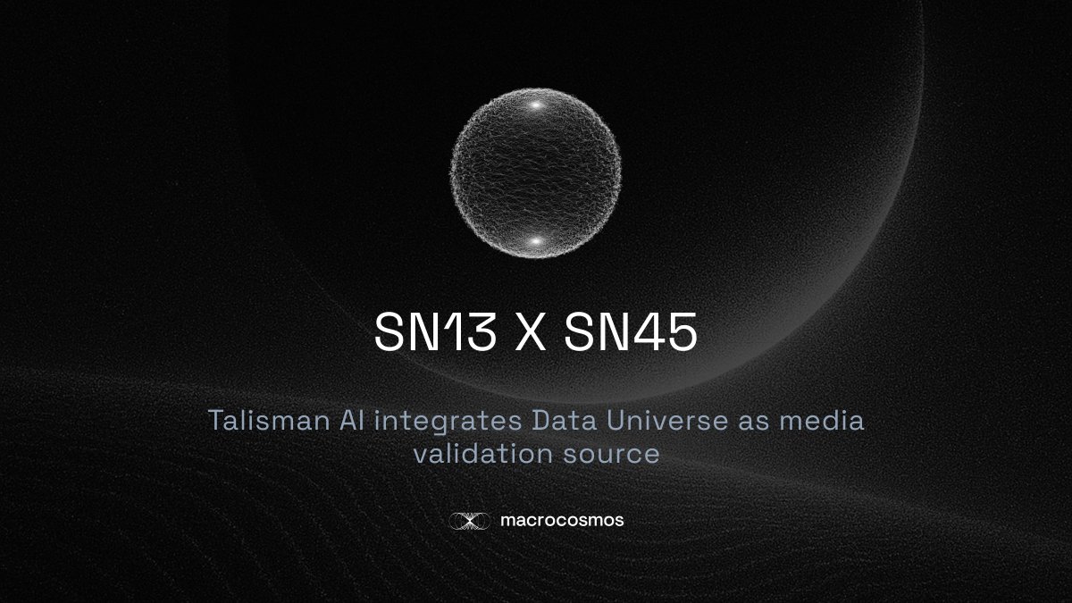 MacrocosmosAI's tweet photo. Another day, another @Data_SN13 collab 🤝
SN45, Talisman AI, now uses Data Universe as its social media validation source ⚡️
Time after time, we're proving to be #Bittensor's premium data entrypoint. If you want information, #SN13's the place to be.
It's bigger than noise. It's bigger than signal. We're talking about wide-scale social media scraping, fine-tuned to pick up only the information you care about.