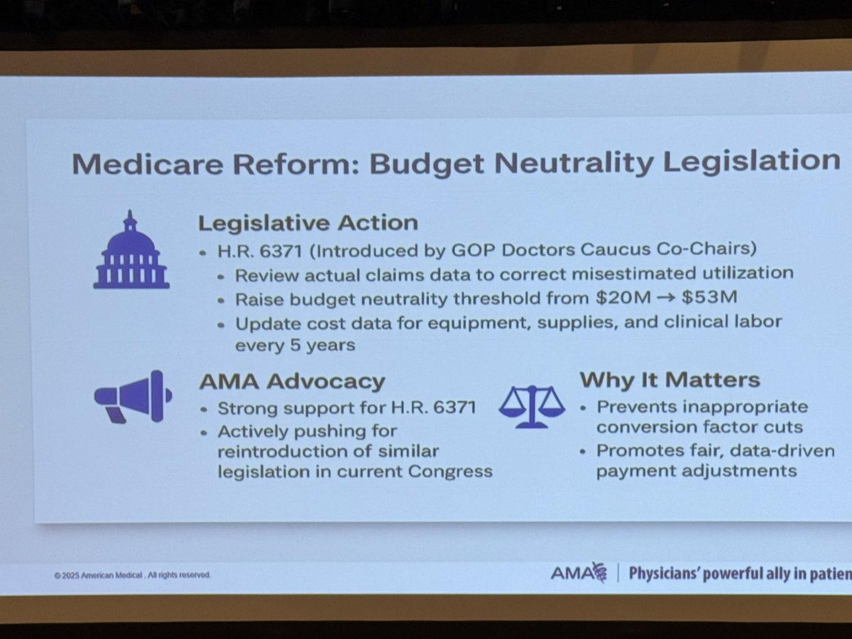 AshleySumrallMD's tweet image. When ppl learn that I’m involved in AMA, they ask WHY?? Or they ask what the AMA is doing.
Our AMA has been WORKING, illustrated nicely in these slides from the Council on Leg (COL) 👉🏻 #fixpriorauth #fixmedicare #AMA25 starting w #medicare reform on budget neutrality👇🏻