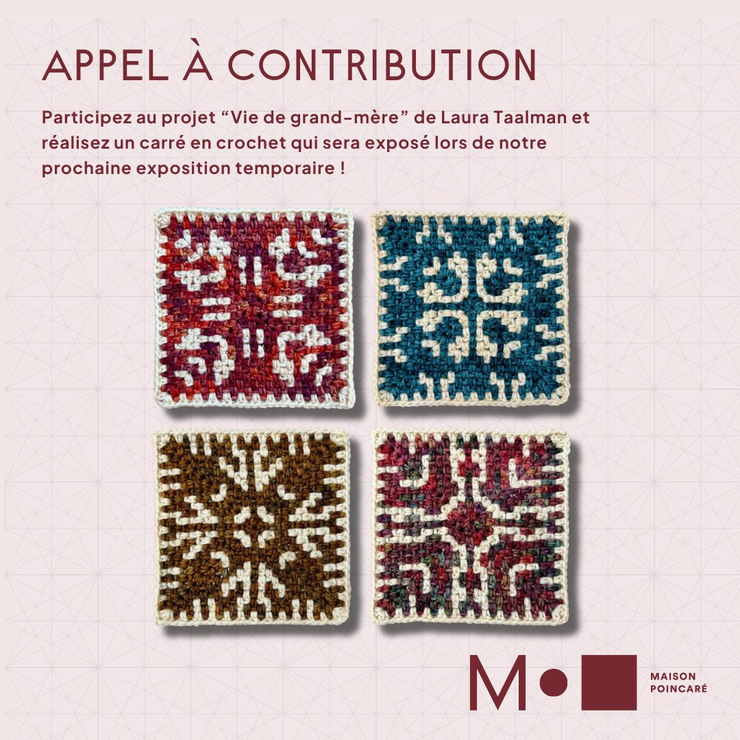 InHenriPoincare's tweet image. Contribuez à la création d&apos;une œuvre d&apos;art !

Réalisez un carré en crochet qui fera partie d&apos;une des œuvres exposées lors de la prochaine exposition temporaire du musée  &quot;Création, entre arts et mathématiques&quot;.
👉 grannylifecrochet.com

À vos crochets 🧶