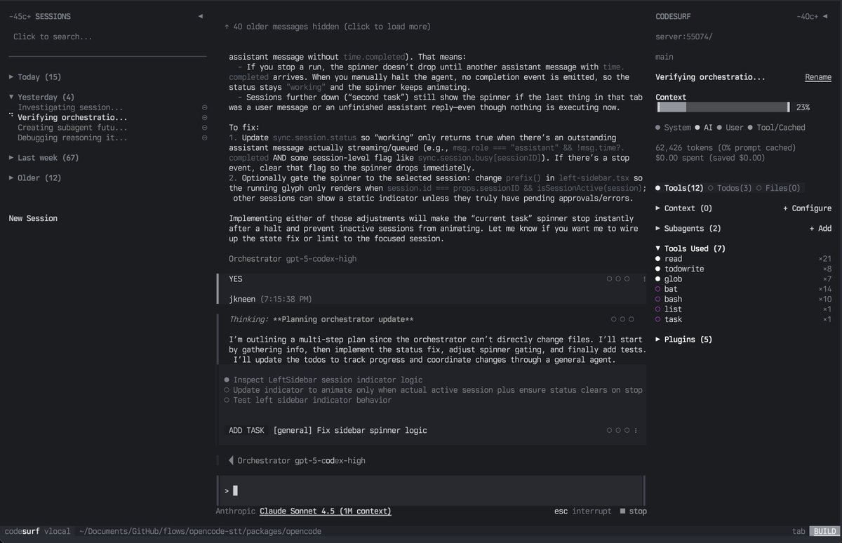 jasonkneen's tweet image. Still a some tidying up to do but this @opencode fork is now running with multiple worker threads handling the backend and front end, reducing UI blocks and smoother scrolling etc.