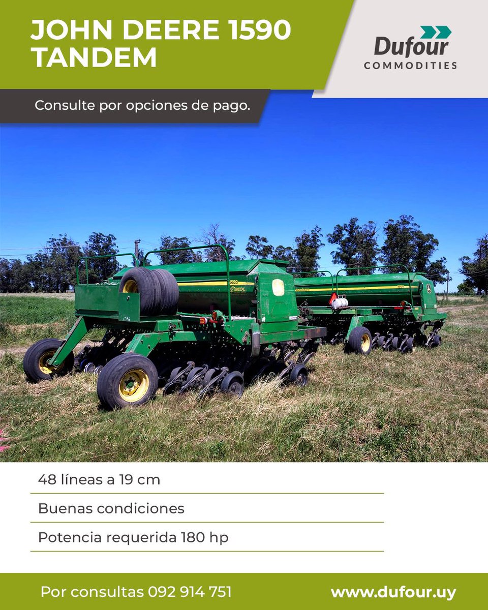 𝙀𝙉 𝙑𝙀𝙉𝙏𝘼>>JOHN DEERE 1590 TANDEM🚜

Características destacadas:
• 48 líneas a 19 cm
• En muy buenas condiciones
• Potencia requerida 180 hp

Consultá por opciones de pago.

📞 Por consultas: 092 914 751