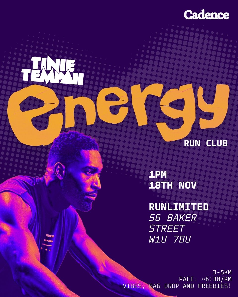 tinie's tweet photo. LONDON! I wanna see your ENERGY! Join me tomorrow at 1pm to run 3k just before I hit the stage at KOKO! There will be prizes, surprises, and we’ll all take a photo together at the end to commemorate the moment.
Check the comments to join the Energy Run and sign up 💨🔋 https://t.co/O7NqYCLX1t