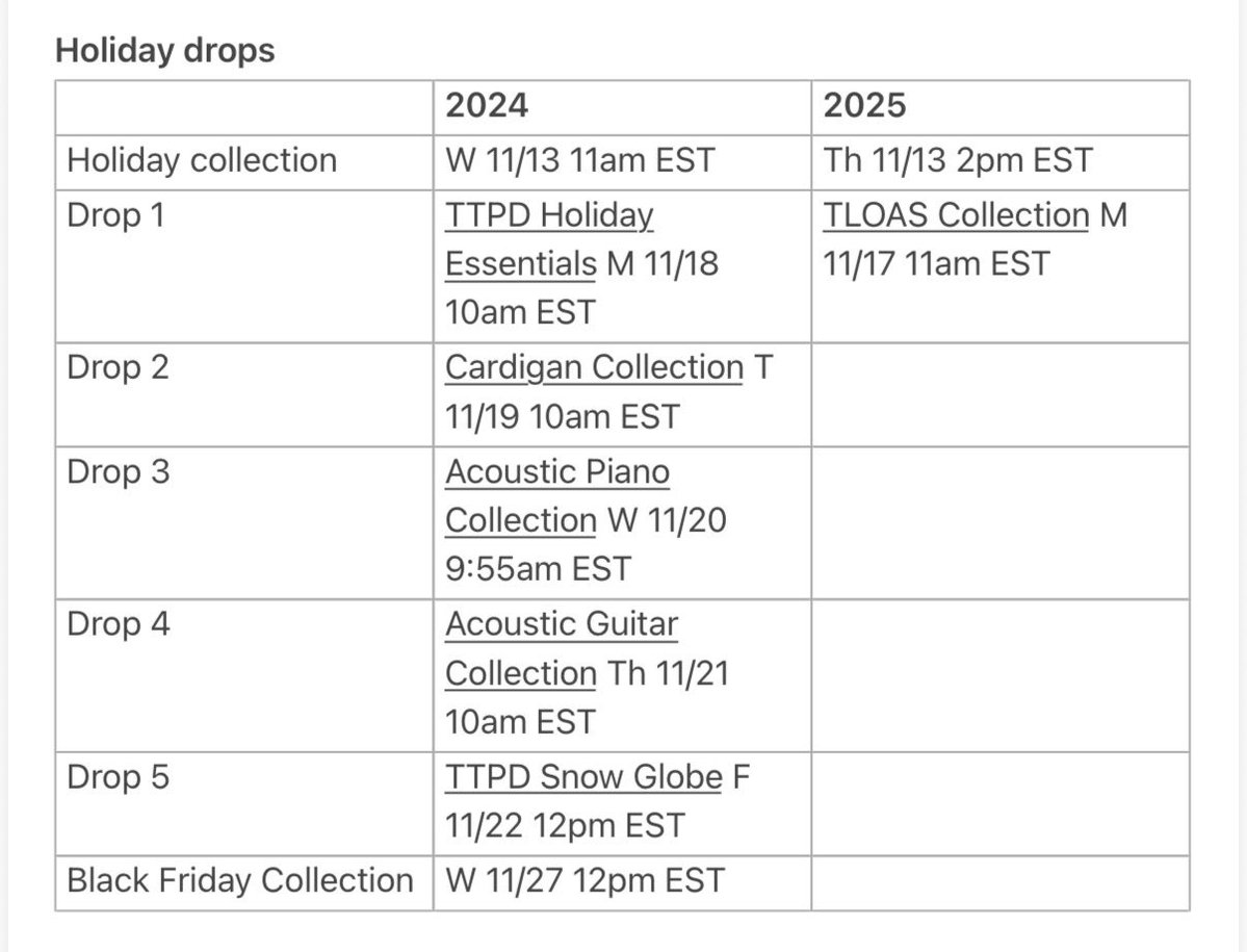 Eras_Resale's tweet image. Made an updated version of @tscrazier’s schedule to include today’s drop! Also converted to EST since I’m in est haha