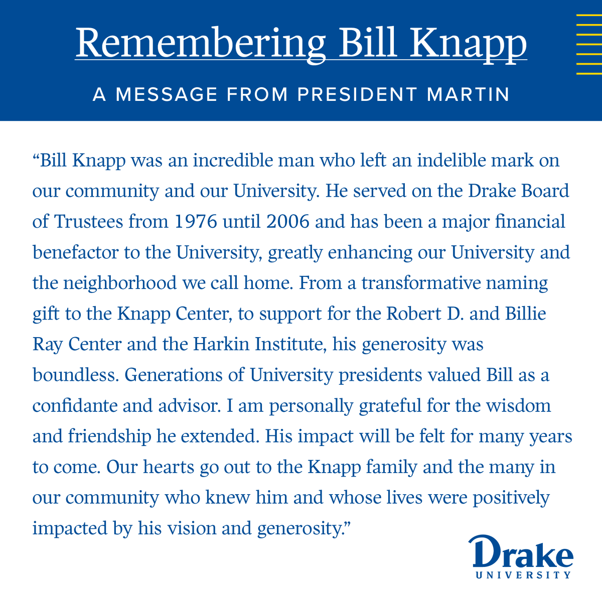 DrakeUniversity's tweet image. Remembering Bill Knapp 💙