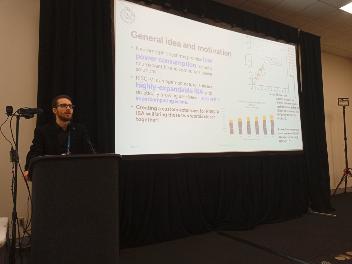 NickBrownHPC's tweet image. A wide range of talks so far this morning at the @risc_v @Supercomputing #SC25 workshop. Driving analogue systems from #RISCV, coupling with spiking neural networks, and profiling tooling all demonstrates the flexibility the technology gives us to do cool things