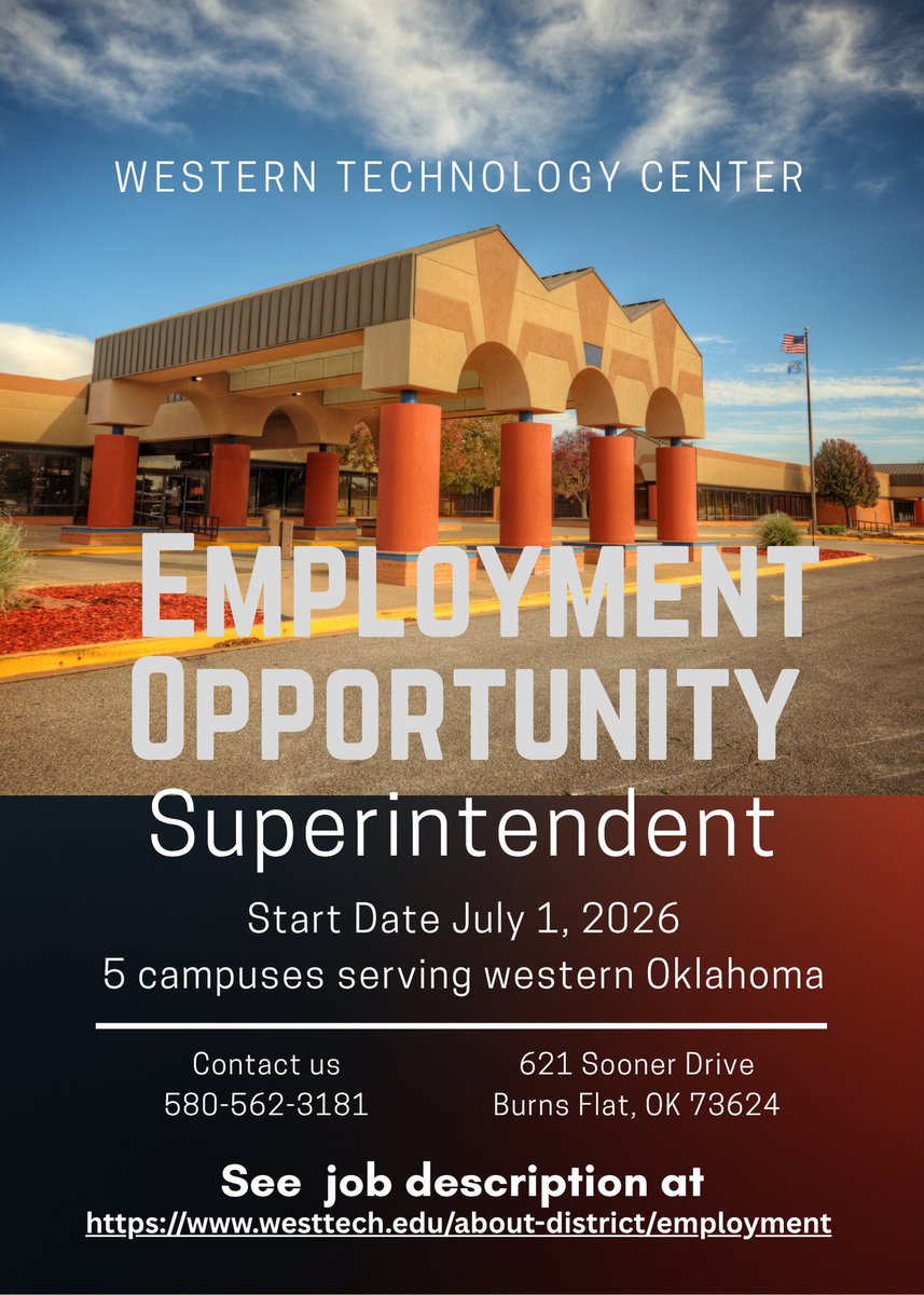 The search has started for a new Chief Executive Officer/Superintendent who will embrace the vision and fulfill the mission of Western Technology Center starting the FY27 school year. Check out westtech.edu/about-district…