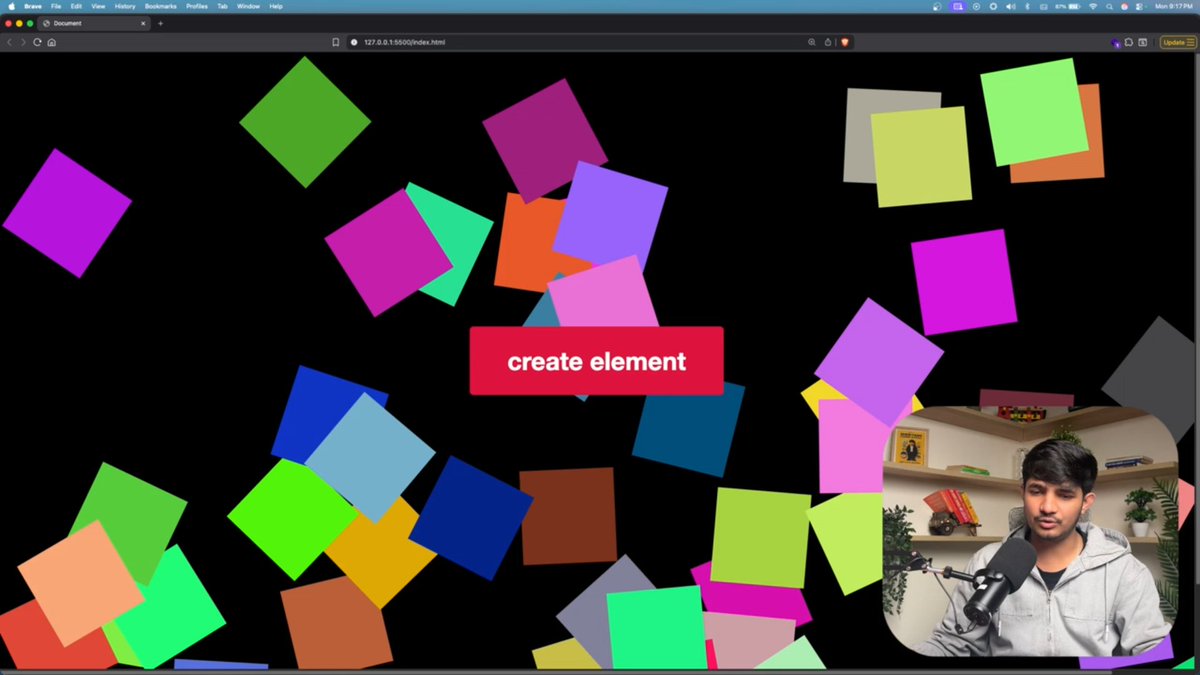 stackarnav's tweet image. 📆Day 43 @sheryians_ Cohort 2.0 💻✨

Today I finally learned how to use createElement and appendChild the DOM superpowers that let you generate elements on the fly.
Basically: JavaScript becomes the designer 😭👏
Built a small project using these methods to understand their real…