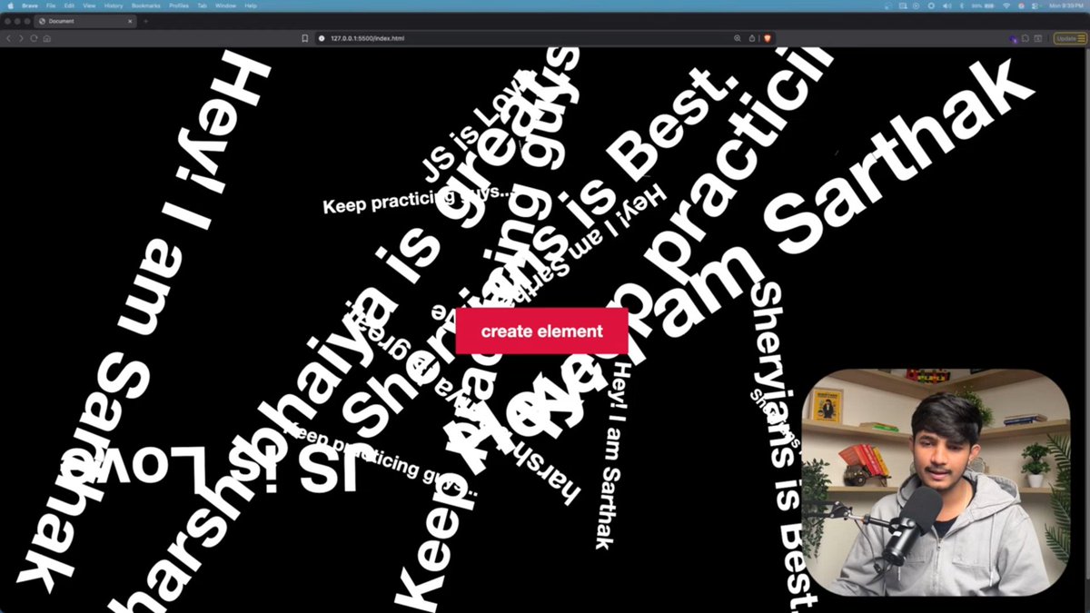 stackarnav's tweet image. 📆Day 43 @sheryians_ Cohort 2.0 💻✨

Today I finally learned how to use createElement and appendChild the DOM superpowers that let you generate elements on the fly.
Basically: JavaScript becomes the designer 😭👏
Built a small project using these methods to understand their real…