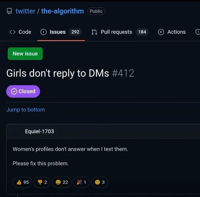 someone really submitted this to the official 𝕏 algorithm repo back when it went open-source in 2023 😭