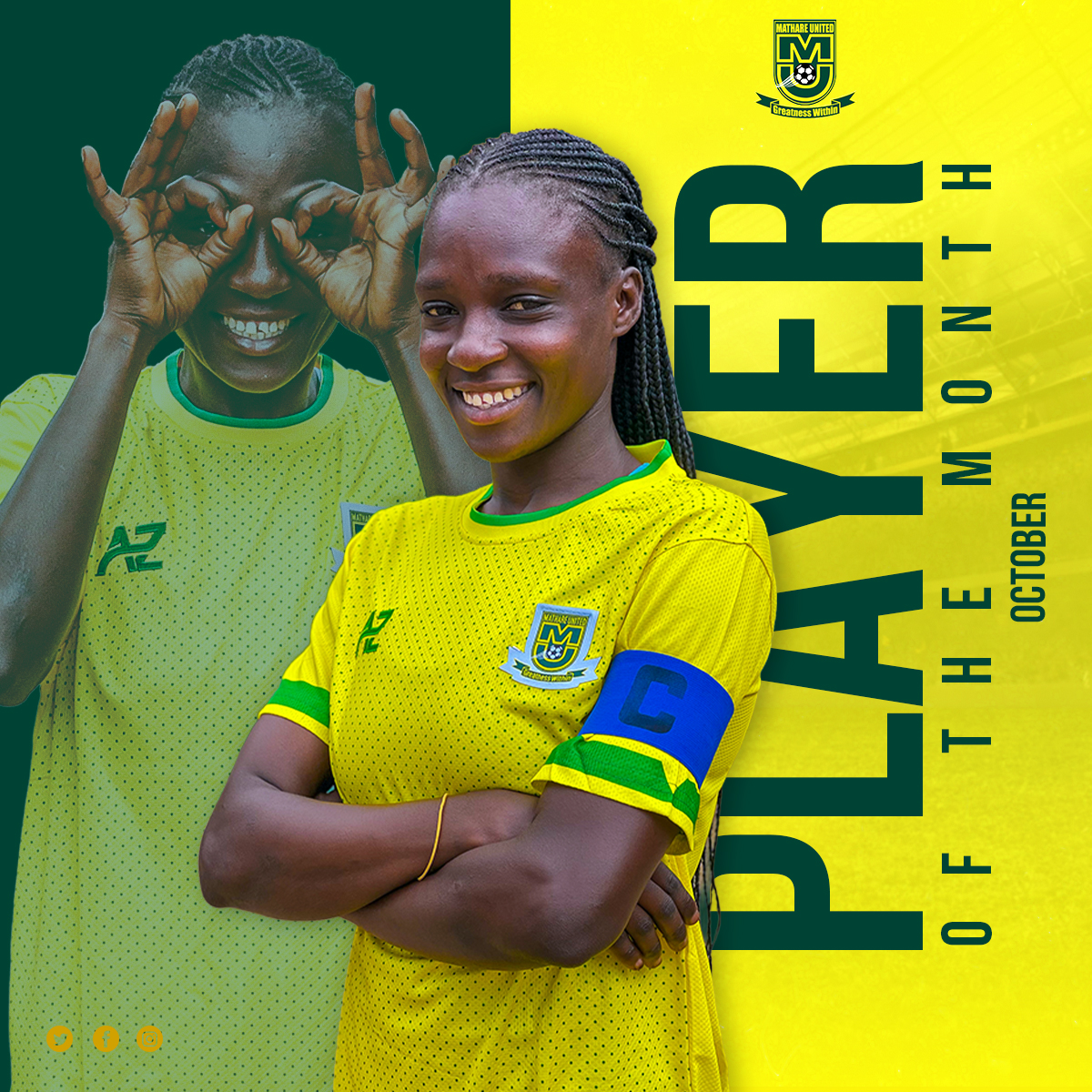 mathare_women's tweet photo. 🏆 October Player of the Month
2 matches.
2 goals.
1 Star of the Match.
Clinical. Consistent. Deserved. 💛💚
#MUWFC #GreatnessWithin #MathareRises https://t.co/mIp06dY8QO