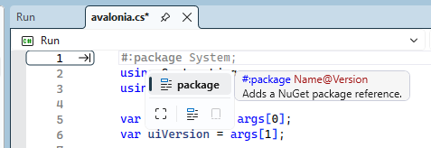 Nice, <a href="/VisualStudio/">Visual Studio</a> getting runfile <a href="/nuget/">NuGet</a> #:package reference tooltips. Now I want full intellisense populated lazily just like a search in the dependencies UI would do 😉