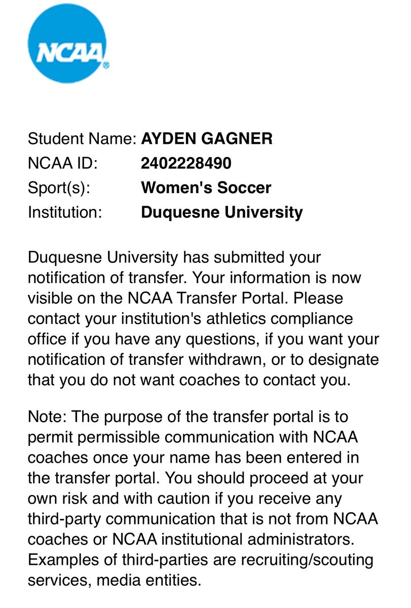 Officially in! Excited for the #TransferPortal opening this morning and for the new opportunities ahead!

ayden.gagner@icloud.com

<a href="/ImYouthSoccer/">ECNL/GA/Recruiting/College Soccer</a> <a href="/SSN_NCAASoccer/">Sidelines - College Soccer (logged out)</a> <a href="/TopDrawerSoccer/">TopDrawerSoccer</a> <a href="/CSTransfer/">College Soccer Transfer Portal</a>