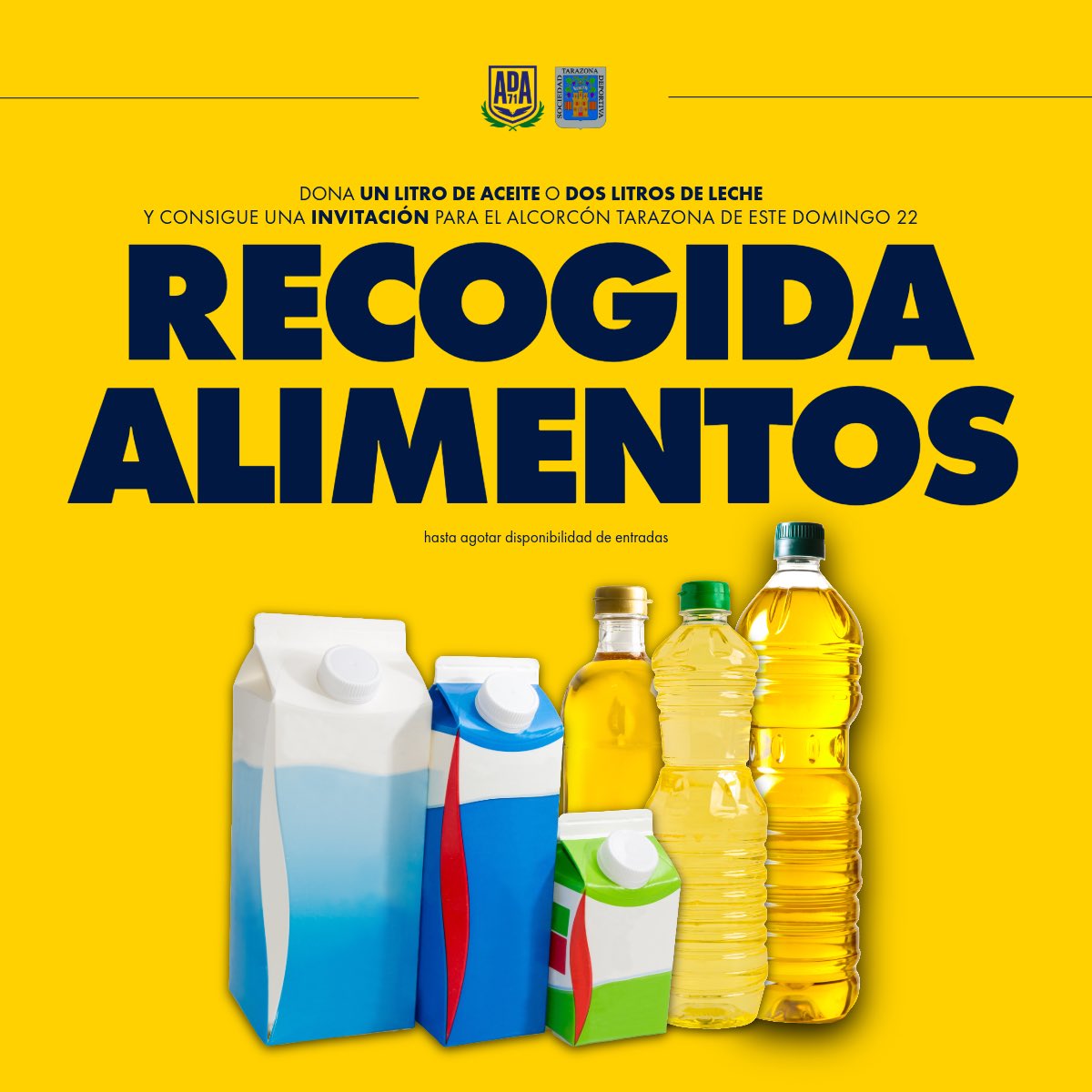 La A.D. Alcorcón y la <a href="/fpadalcorcon/">Fed. Peñas Alcorcón</a> organizan la tradicional recogida anual de alimentos

Dona un litro de aceite o dos litros de leche y recibe una invitación para el #AlcorcónTarazona

📆 Martes 18 a viernes 21
⏰ 10:00-14:00 y 17:00-20:00
🏟️ Tienda del estadio