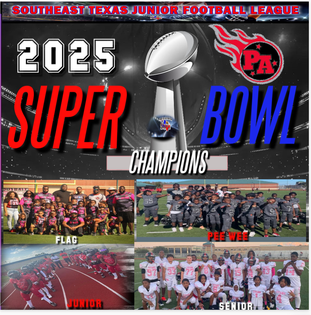"This weekend several PAISD students competed in the Southeast Texas Junior Football League Super Bowl. Our Port Arthur Titans Youth Football Team brought home a trophy in each division!"
--PATYFCA

We are #PAISDProud of our #FutureMHSTitans!!