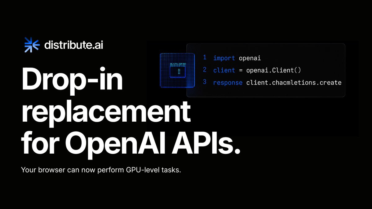 distributeai's tweet image. Developers don’t need “new.”
They need familiar, but better.

That’s why DistributeAI didn’t reinvent the API experience, it preserved the one millions already use.

You write code like you’re talking to OpenAI.
But behind the scenes, something very different is happening.

(1/6)