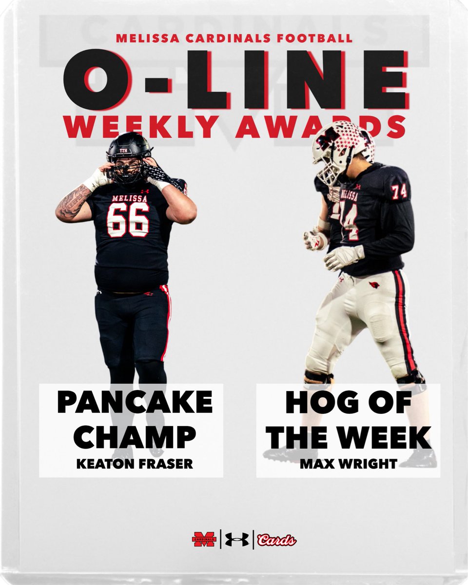 Week 11 OL awards: 
This weeks Hog of the Week- 
<a href="/MaxWright_74/">Maximus Wright</a> 
Pancake champ of the week- 
<a href="/KeatonFraser07/">Keaton Fraser</a> 

Proud of these guys and the unit was a good night up front paving the way for 400 rushing yards! On to the next! 
<a href="/CoachGonzalez52/">Nick Gonzalez M.Ed</a> <a href="/FootballMelissa/">Melissa Cardinal Football</a>