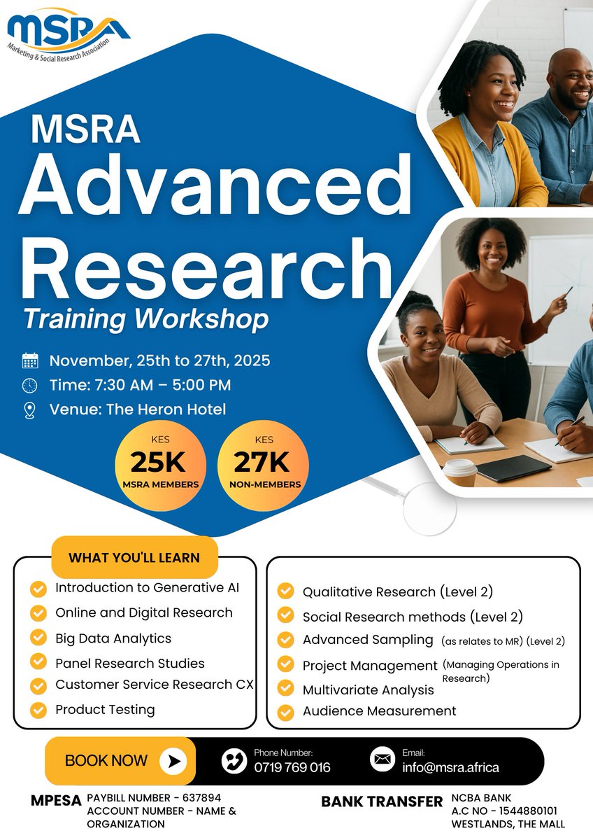 The research world is shifting — fast.
If you’ve been feeling the need to upskill, specialise, or simply reconnect with the craft… MSRA’s Advanced Research Training Workshop is here for you.

Register / inquiries: 0719 769 016 or info@msra.africa

#msra  #researchtraining