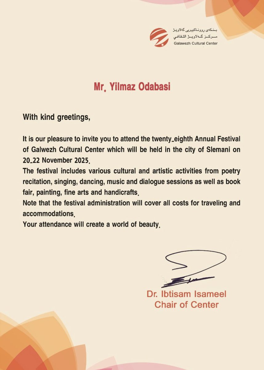 20 Kasım Perşembe günü Irak Kürdistan bölgesi Süleymaniye şehrinde gerçekleştirilecek kültür-sanat festivaline katılacağım. Dost ve okurlarımın bilgisine sunarım… #kürdistan #süleymaniye #kültürfestivali