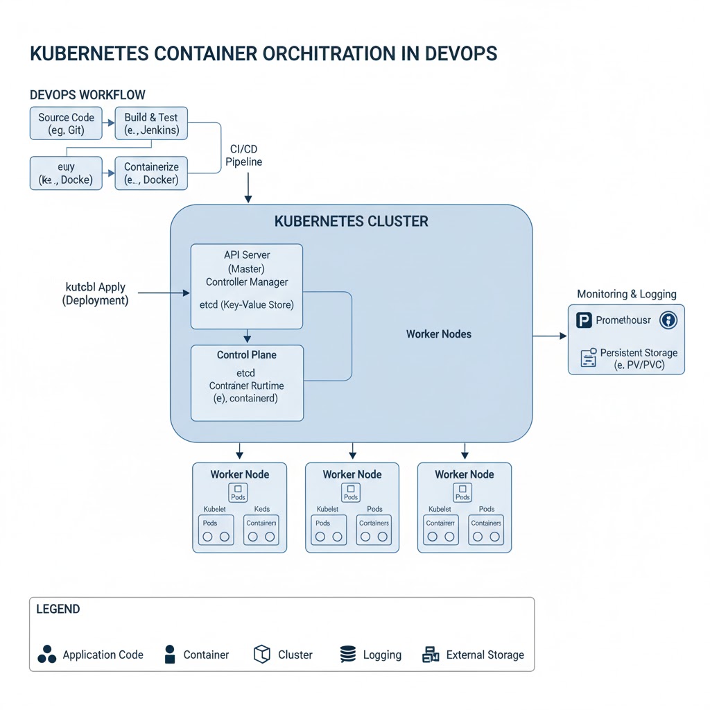 e_opore's tweet image. Container Orchestration with Kubernetes in DevOps
--------------------------------------

✓ Introduction to Kubernetes
➤ Kubernetes (K8s) is an open-source orchestration platform for automating deployment, scaling, and management of containerized applications.
➤ It ensures…