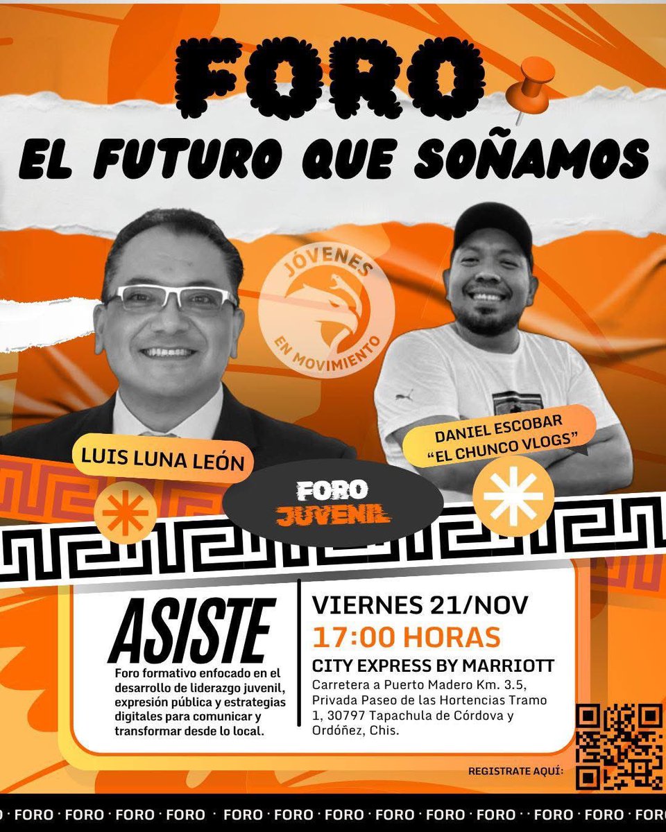 🔥 Soconusco: Es hora de que tu voz se escuche

🗓 Viernes 21 de noviembre
⏰ 5:00 p.m.
📍 City Express by Marriott Tapachula
🔶 Regístrate aquí:
➡️ forms.gle/9j3zLj7ySa7unb…

¡No te quedes fuera! Las y los jóvenes ya están moviendo lo nuevo 🧡
<a href="/MovCiudadanoMX/">Movimiento Ciudadano | Movimiento Naranja</a>