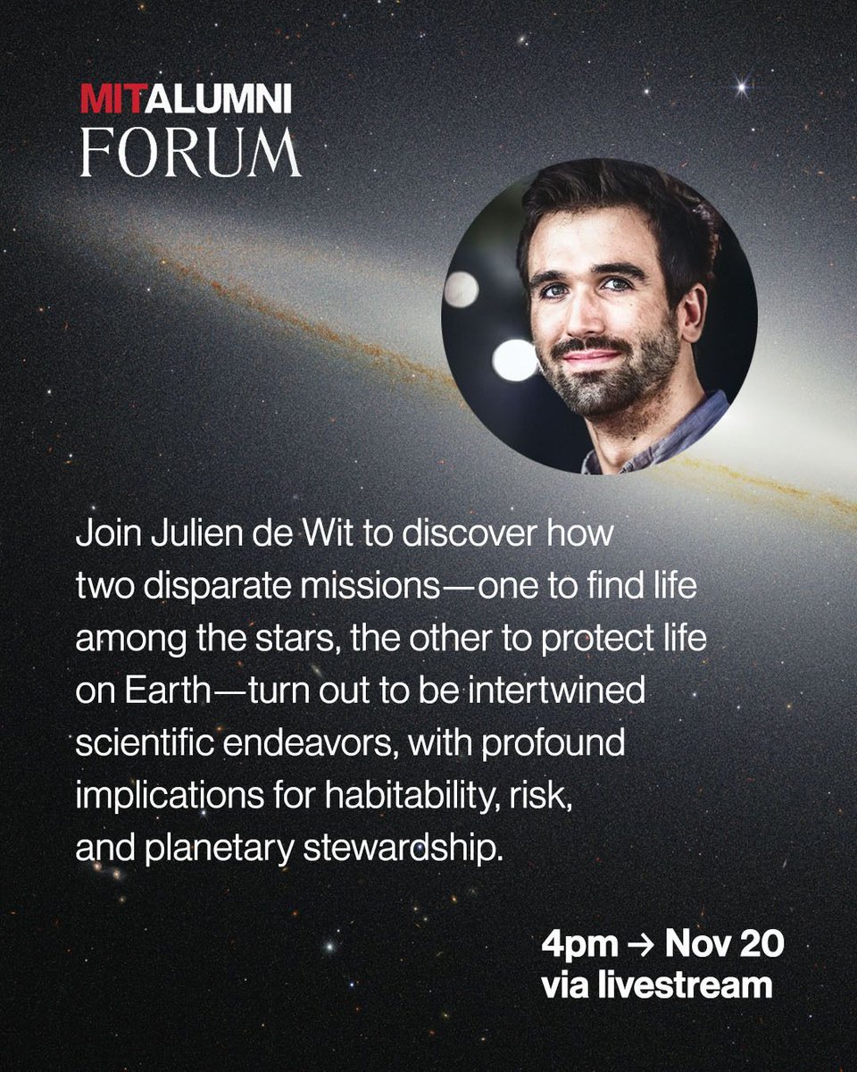 eapsMIT's tweet image. Join EAPS Professor Julien de Wit online THIS Thursday, Nov 20, to learn how exoplanetary science is powering planetary defense! The MIT Alumni Forum is a FREE series for alumni and current students and postdocs. Register here: buff.ly/qQ0ZO1y @scienceMIT