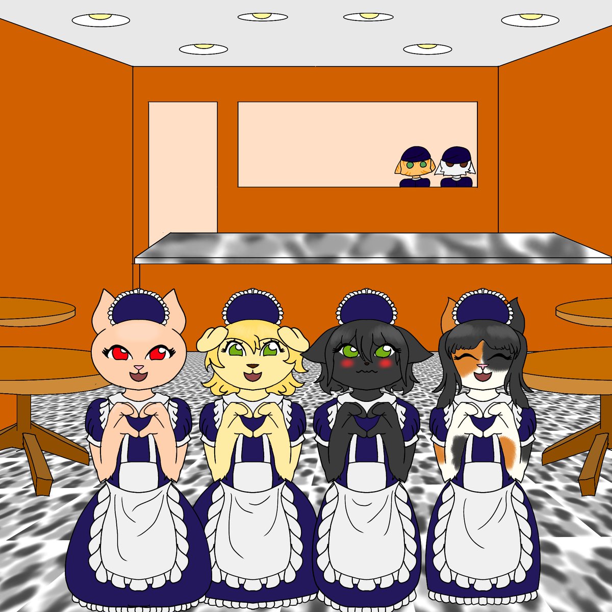 Cat café: three girls and three boys serve, prepare food, and provide great service.