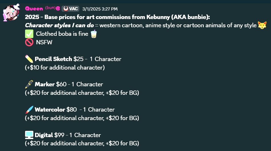 KellyUlleanne's tweet image. Due to financial need, I&apos;ma open up 3 art comm slots! 
🎨🖌️ My rates as listed on my discord server:
(comm refs ⬇️)