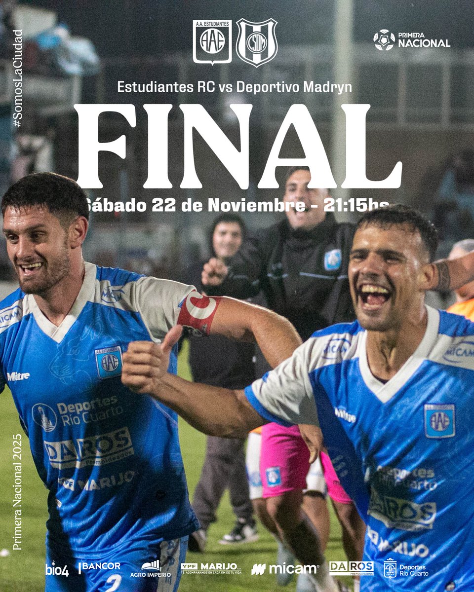 FINAL | IDA | REDUCIDO | PRIMERA NACIONAL 2025
🆚 <a href="/ClubMadryn/">Club Social y Deportivo Madryn</a> 
🗓️ Sábado 22 de Noviembre
⌚️ 21:15 hs
🏟️Estadio Ciudad de Río Cuarto
#SomosLaCiudad | EstudiantesRC