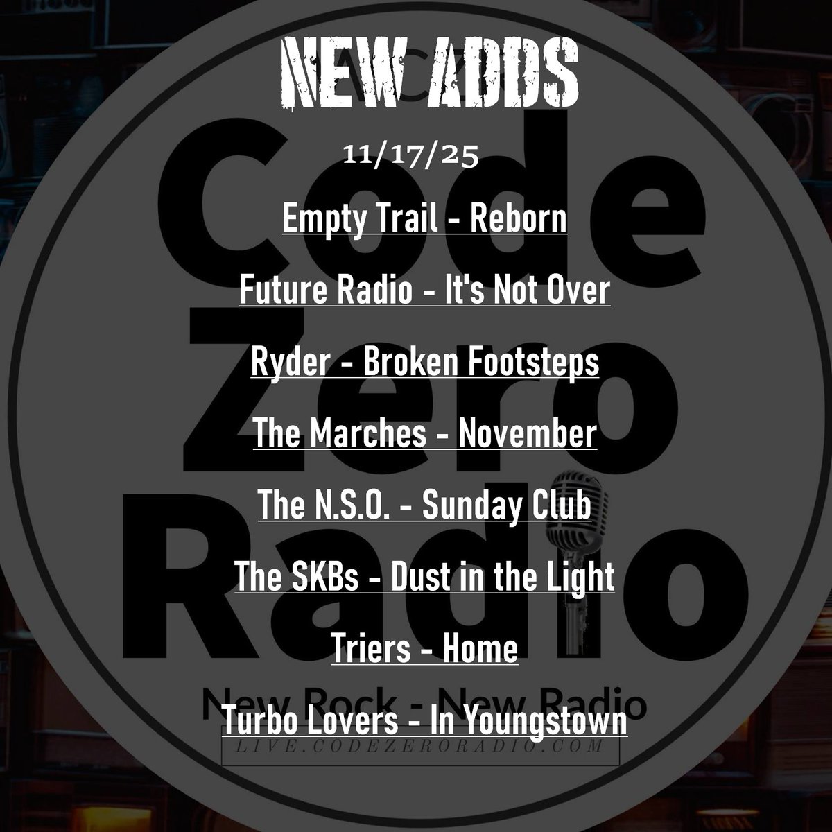CodeZeroRadio's tweet image. Quality over quantity is this weeks list! Short and sweet but long on awesomeness 
Now in rotation PLUS featured on Fresh Rocks, Monday thru Friday 12 pm CST/ 2 pm EST - 11 am PST - 7 pm London - 8 pm Berlin
---&amp;gt; 7 pm Tokyo - 9 pm Sydney Tuesday thru Saturday!
#live365radio  #app