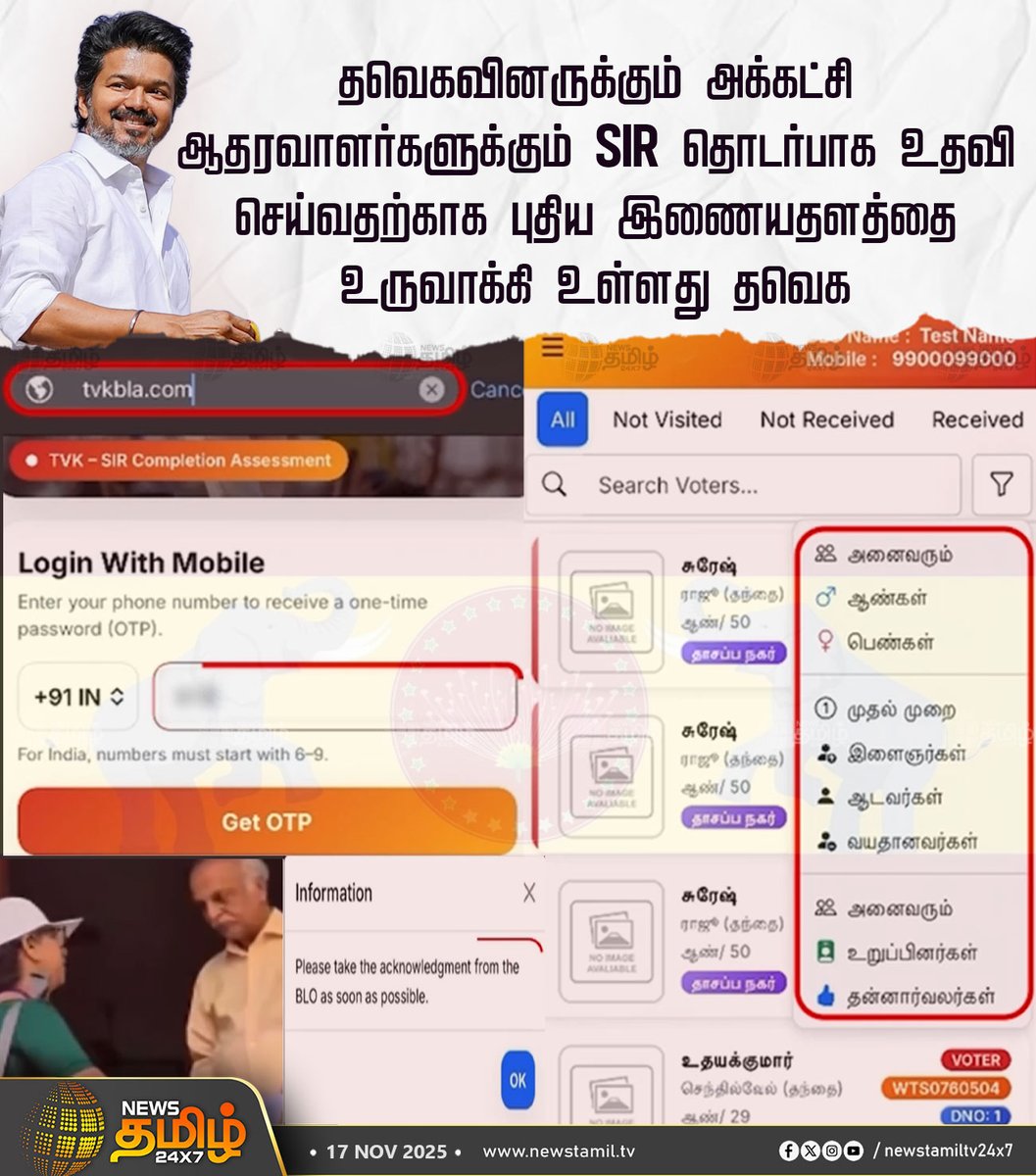 NewsTamilTV24x7's tweet image. #NewsTamil24x7NewsUpdate | தவெகவினருக்கும் அக்கட்சி ஆதரவாளர்களுக்கும் SIR தொடர்பாக உதவி செய்வதற்காக புதிய இணையதளத்தை உருவாக்கி உள்ளது தவெக

#TVKVijay #TamilagaVettriKazhagam #TVKVIRTUALWARRIORS #Website #SIR #Election2026 #Newvoters #NewsTamil #Tamilnews #NewsTamil24x7