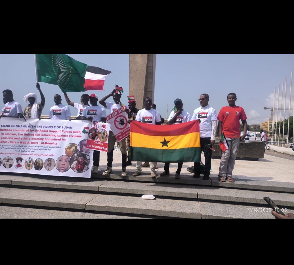 Mrpenshooter's tweet image. Thank you, Ghana, for standing with Sudan! Your powerful protest in Accra against RSF genocide, ethnic cleansing, and UAE sponsorship shows true African solidarity. Grateful for your support for peace, justice, and the Sudanese people! #GhanaStandsWithSudan
#AfricanUnity