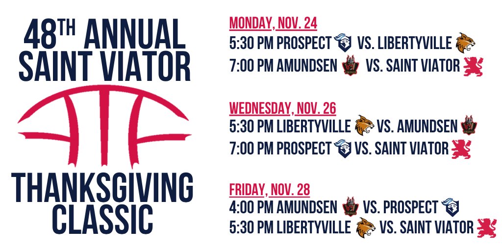 ONE WEEK from today, <a href="/ViatorAthletics/">Saint Viator Athletics 🦁</a> will host the 48th Annual Thanksgiving Classic Tournament ft. <a href="/AHSvikingathle1/">Amundsen High School Athletics</a>, <a href="/LHSwildcatBball/">🏀LHS Basketball🏀</a>, <a href="/ProspectHoops/">Prospect Boys Basketball</a> and <a href="/stviatorbball/">Saint Viator Boys Basketball</a>!! 

#ViatorClassic48