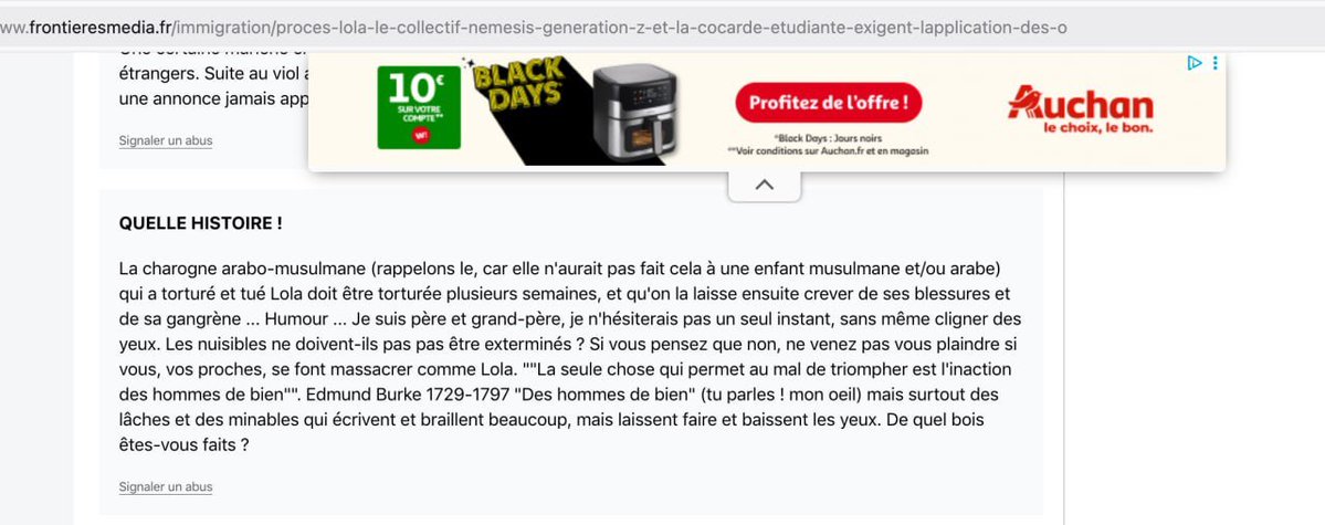 slpng_giants_fr's tweet image. 🟥 Bonjour @Auchan_France,
Vos collègues de Leroy Merlin ont retiré à l&apos;instant leurs pubs web du site #FrontieresMedia.fr, qui vend des produits dérivés aux slogans xénophobes et qui héberge des commentaires racistes, violents, etc.
Allez-vous l&apos;exclure aussi ?
#opFrontieres