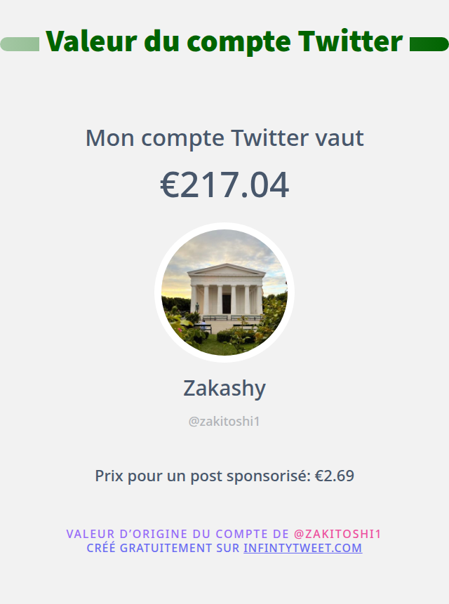 zakitoshi1's tweet photo. Mon twitter vaut: €217.04

➡️ https://t.co/1awBvAkUGI https://t.co/tMYqSW5bDl