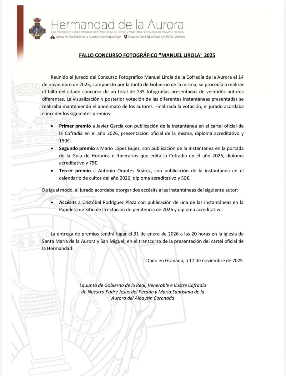 PerdonAurora's tweet image. #Oficial 📸 | Fallo del Concurso Fotográfico “Manuel Lirola”

El pasado 14 de noviembre, reunido el jurado del Concurso Fotográfico Manuel Lirola, se procedió a la elección de las fotografías premiadas.

¡Gracias a todos los participantes y enhorabuena a los premiados!

#LaAurora