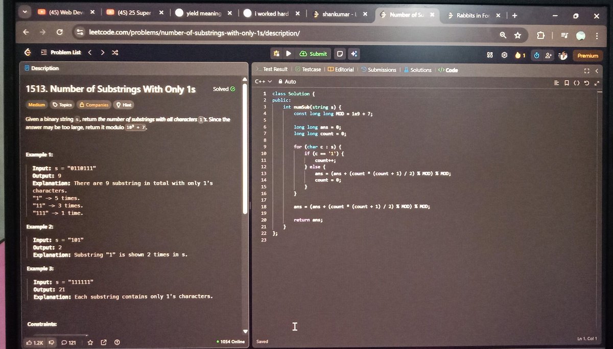 __Shankarlal's tweet photo. DAY 32 #100DAYOFCODE
problem solved 
L.c 1513 Number of substring with ony 1s ✅
L.c 781 Rabbits in forest ✅ https://t.co/OhFHSkbJ1x